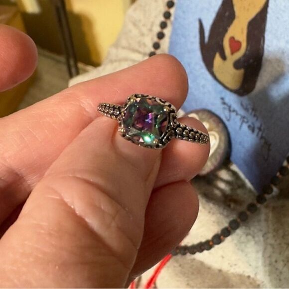 Sterling Silver Celtic Rainbow Topaz Cushion CZ Ring - Picture 8 of 10